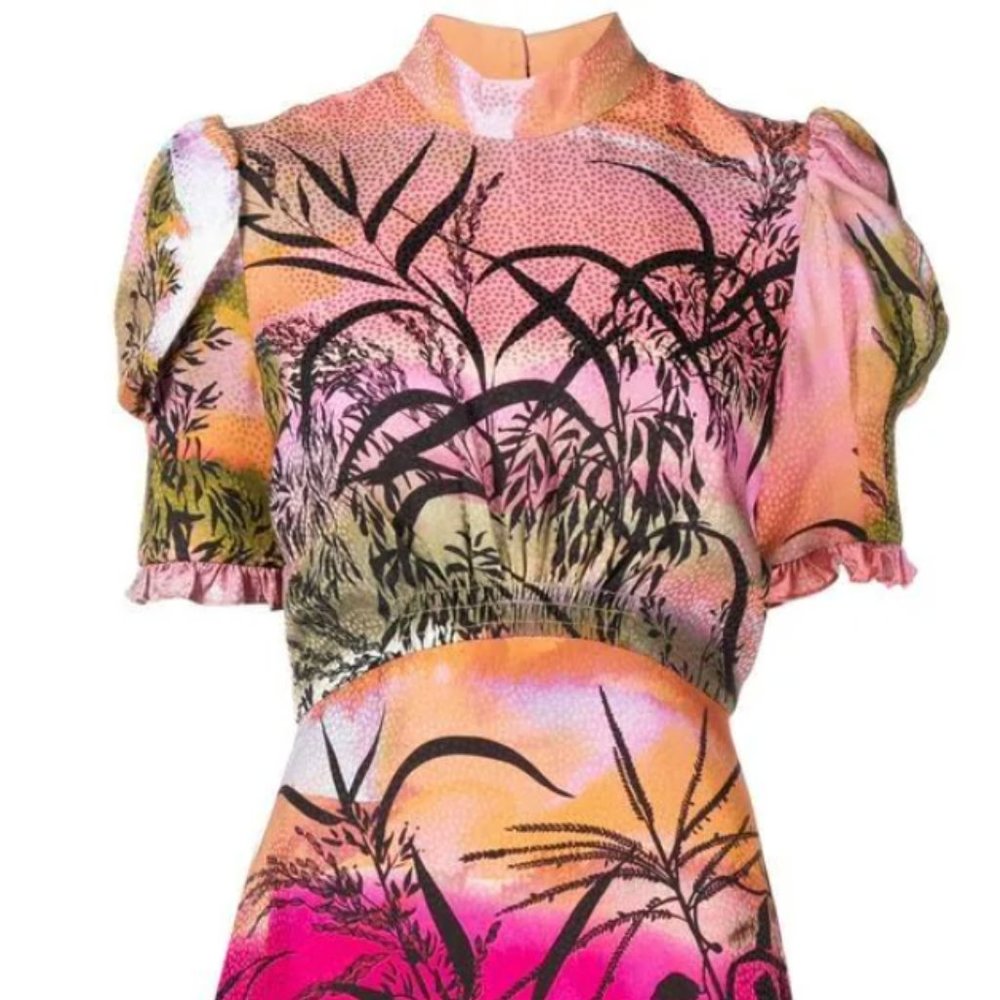 Saloni Bianca-b Abstract Print Midi Silk Dress in Desert Print